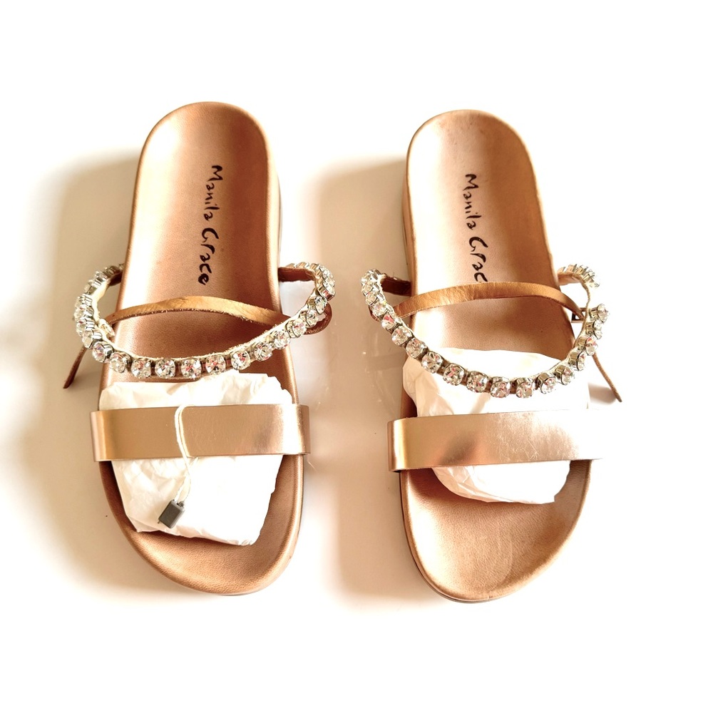 ♥️🇮🇹 NEW! ROSE GOLD LEATHER SANDALS W GORGEOUS HUGE LUXE STONES FOR STRAP